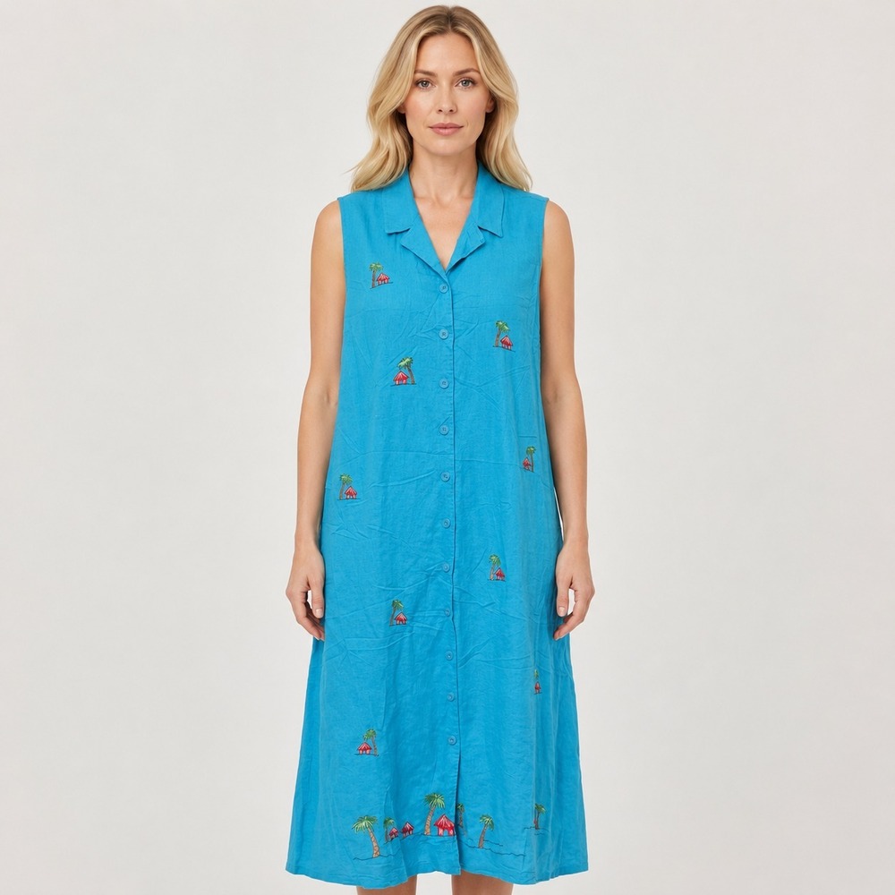 Erika Dresses Maxi Linen Blend Shirt Dress Beach Palm Trees SZ XL Resort Vacatio